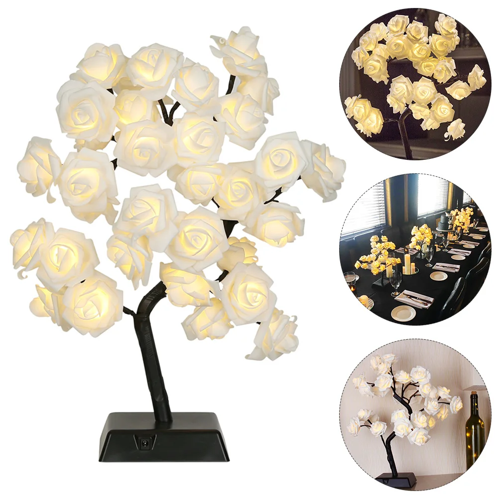 Rose Table Lamp Tree Shape Beautiful LED Desk Light Romantic Bedroom Night Light PVC Waterproof No Indoor Lighting