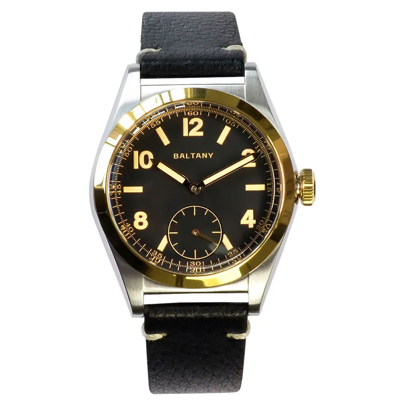 Baltany Vintage Bubbleback Quartz Horloge Vd78 Goud Bezel Lederen Subdial 10atm Saffier Kristal Rvs Retro Polshorloge