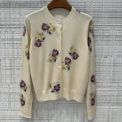 2024 maglione lavorato a maglia di lana stampato floreale di alta qualità Vintage Casual girocollo manica lunga Cardigan Top