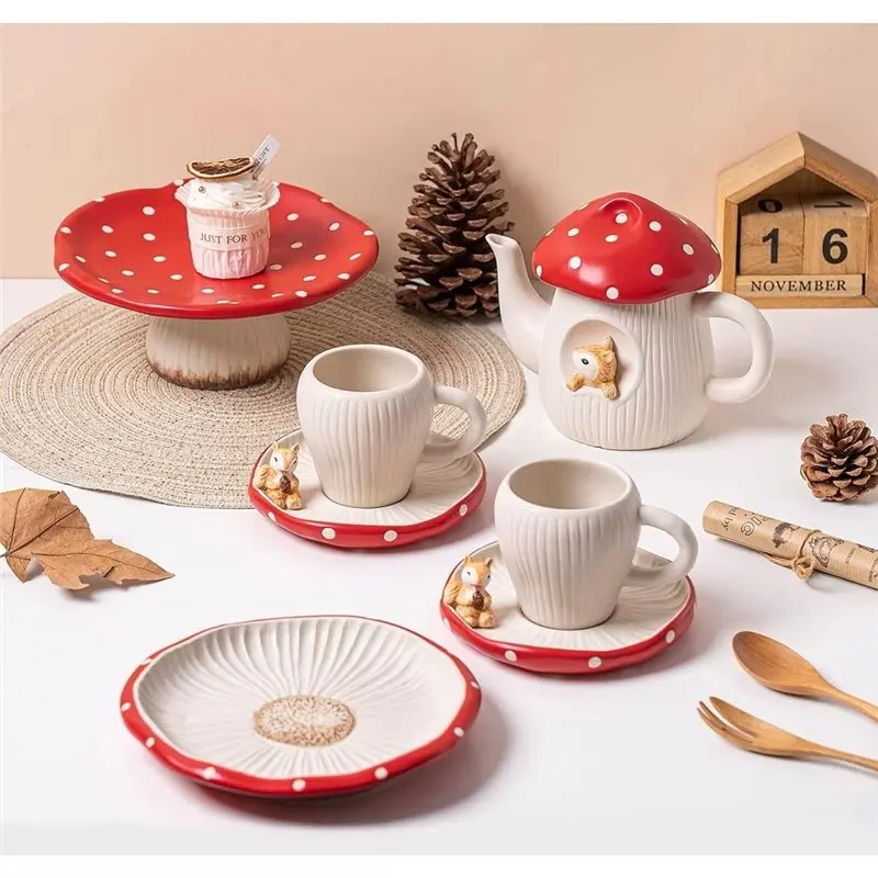 ABZL Cute Mushroom Teapot,Matte Polka Dot Lid, Squirrel Decoration, Can Be Used As A Gift