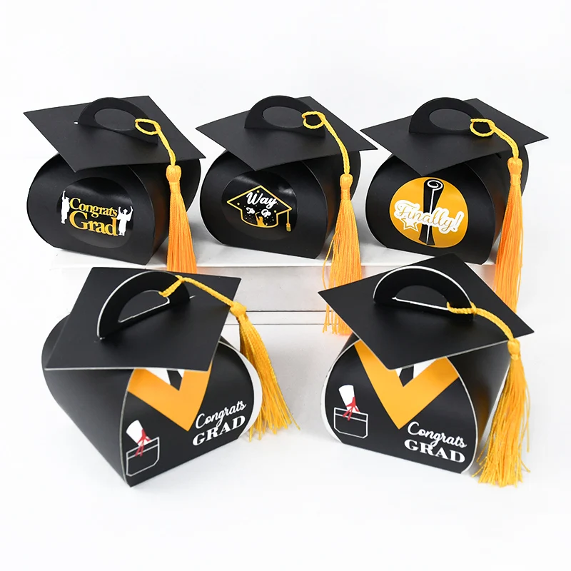 6Pcs Black Bachelor Hat Candy Box Graduation Cap Cookie Gift Packaging Boxes Bag 2024 Grad Congratulation Party Decoration