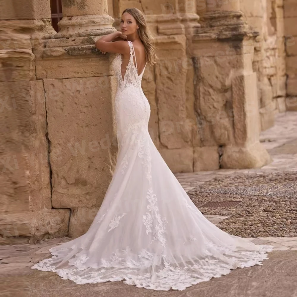 Gorgeous Mermaid Women's Lace Appliques Wedding Dresses Vestido De Novia Spaghetti Straps Bride Gowns Customized Robe De Mariée