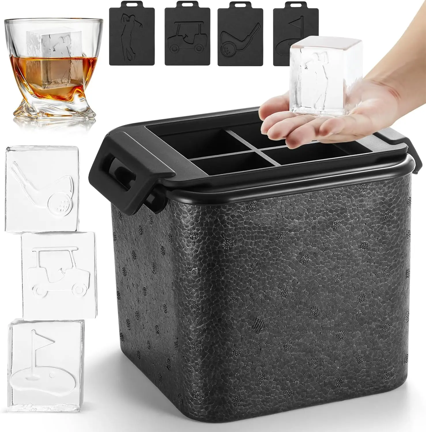 Clear Square Ice Cube Maker Mold for Whiskey Bourbon, Golf Gifts for Men with 4 Ice Stamps