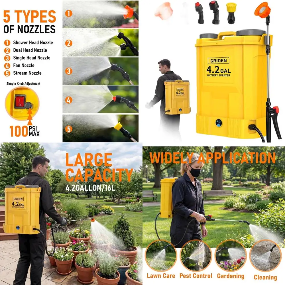 

Электрический ранцевый опрыскиватель 20В 100 PSI для сада и огорода, емкость 16 л, 5 насадок в комплекте