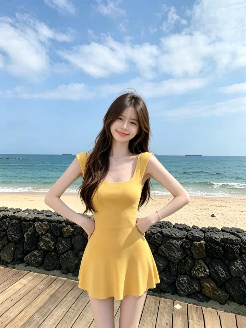 

Yellow Knitted Vest Dress Women's Slim Fit Waist Cinched A-Line Skirt Holiday Style Short Skirt Summer Season Korean Style Pu...