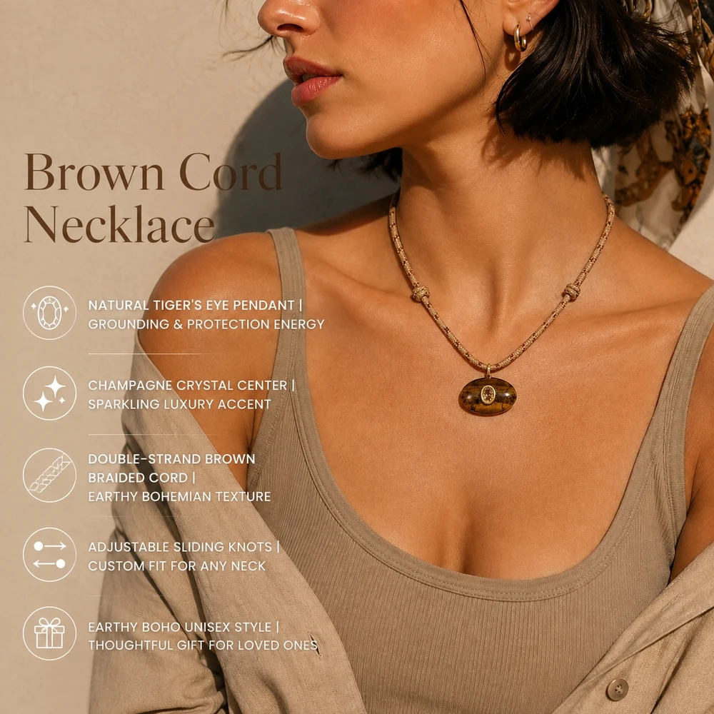 1pc Ethnic Oval Brown Stone Pendant Necklace with Zircon Accent Zinc Alloy Strand Chain Unisex Party Jewelry 42cm