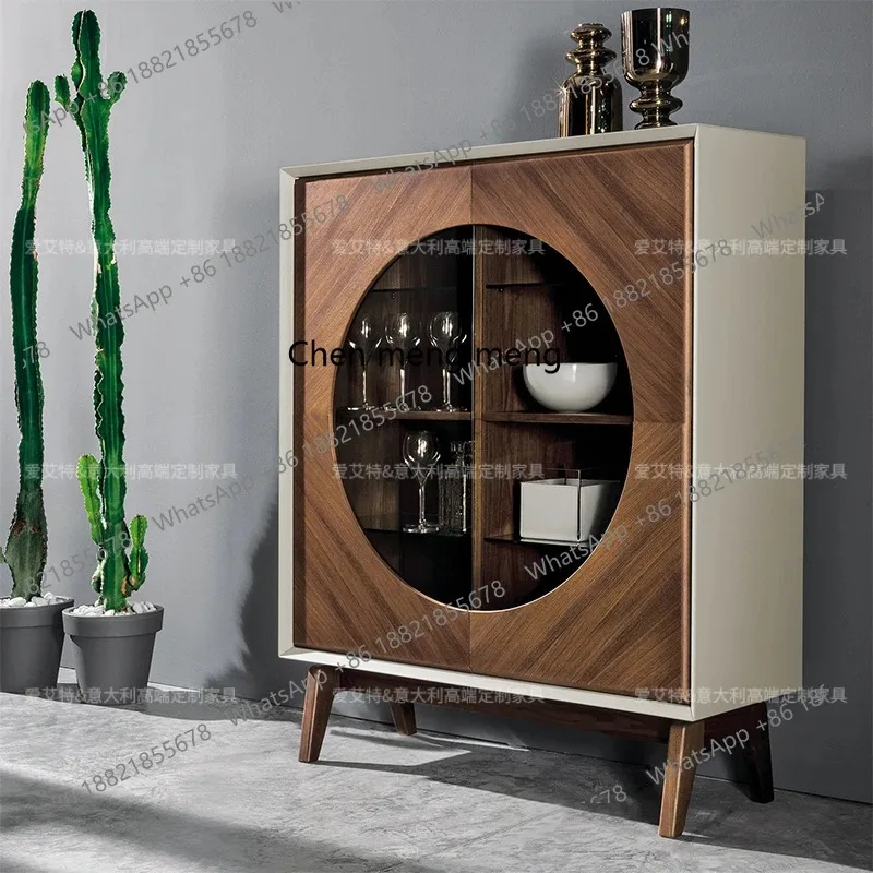 03 s51 Color matching side cabinet round glass door Italian minimalist wine cabinet luxury living room decoration high cabinet