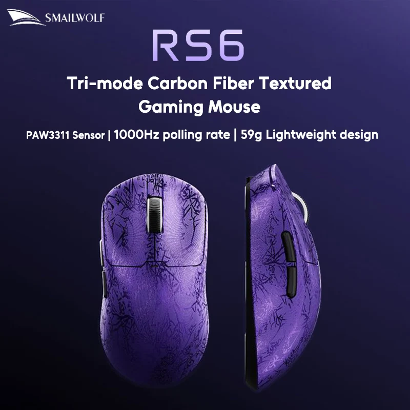 SMAILWOLF RS6 Wireless Gamingt Mouse Tri-mode Carbon Fiber Textured PAW3311 1KHz Return Rate 59g lightweight Wired Gamer Mouse