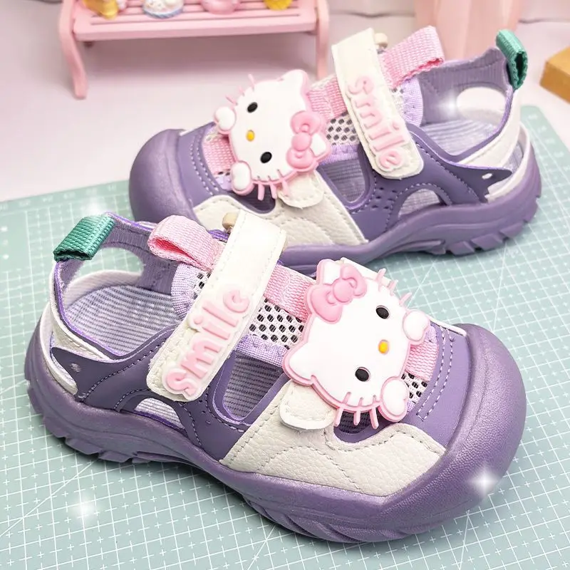 Sanrio Kuromi Kids Sandals Hello Kitty Summer Girls Cartoon Child Hollow Sandals Cute Doll Shoes Non Slip Breathable Beach Shoes