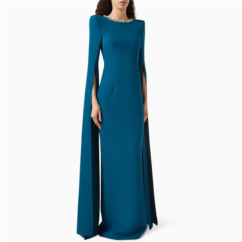 مناسبة خاصة فستان سهرة عربي أنيق مخصص برقبة دائرية وأكمام طويلة كريستالية مستقيمة للحفلات الراقصة