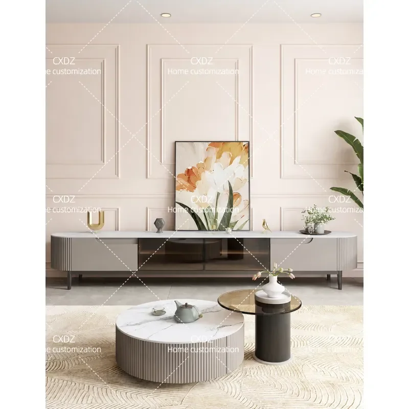 Modern Italian Cream Style Round Coffee Table with TV Cabinet Light Luxury Rock Slab Living Room Floor Storage Unit