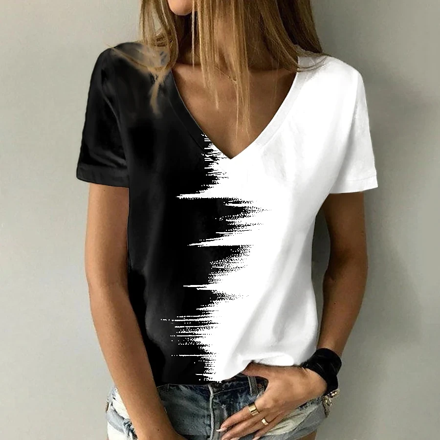 Summer Women\'s Fashion Abstract 3D Printed Painting T Shirt Color Block Print V Neck Basic Tops Loose Shirt fashion Pullover