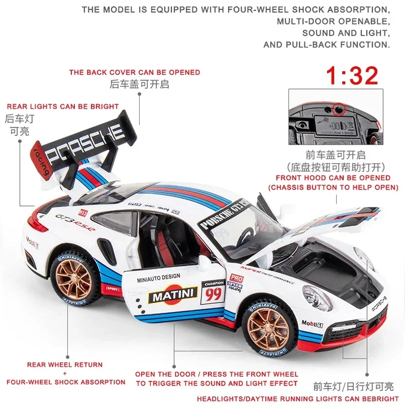 Coche en Miniatura de Metal modelo Porsche 911 997 GT3 RSR, vehículo extraíble, regalo para niños, Hottoy, 1:32