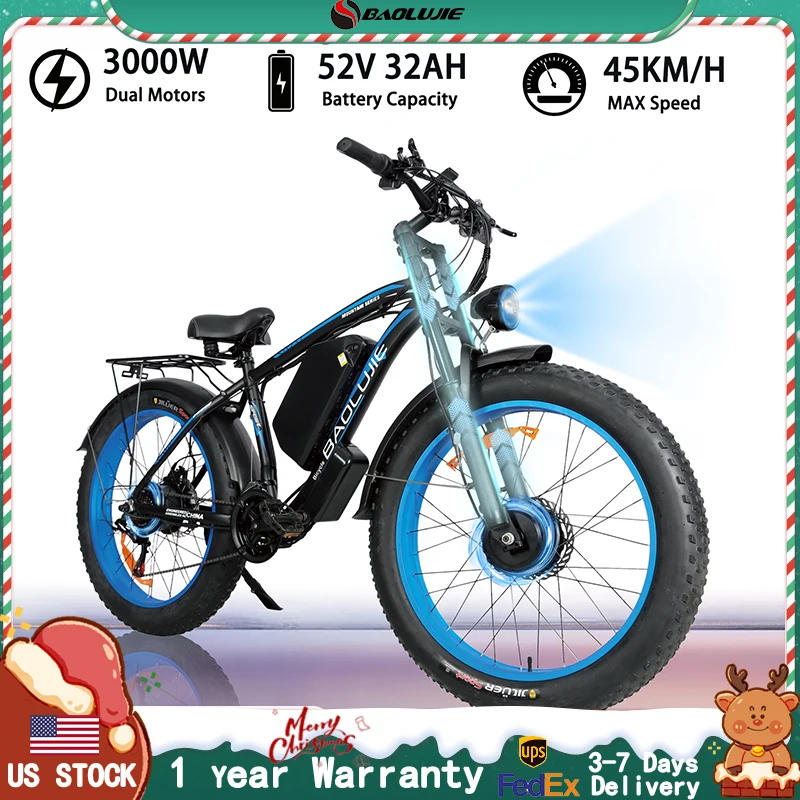 

Электрический велосипед для взрослых BAOLUJIE 2602, 26 дюймов, электрический велосипед с аккумулятором 52 В, 32 Ач, пиковый двигатель 3000 Вт, 21 скорость, электровелосипед【 Гарантия 1 год】
