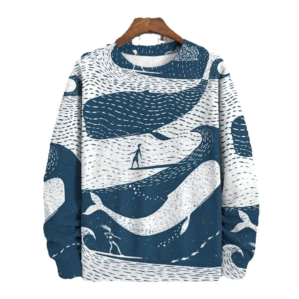 Spring Autumn Men's Ocean Fish Printed Sweatshirts Harajuku Round Neck Loose Long Sleeve Pullover Unisex Clothing Large EU Size