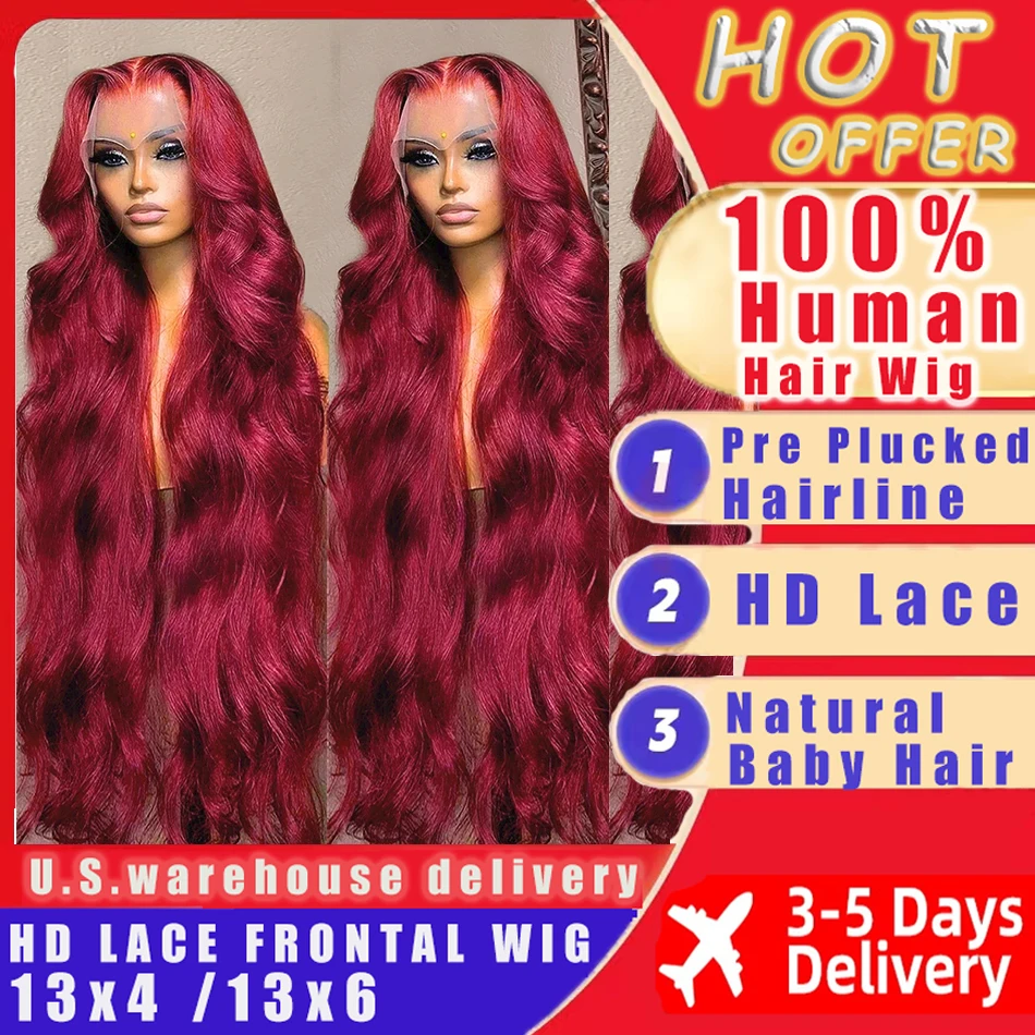 13x4 99J Burgundy Lace Front Wig Body Wave Colored Transparent Lace Wig 13x6 360 Lace Frontal Wig Human Hair Wigs Red Wigs Remy