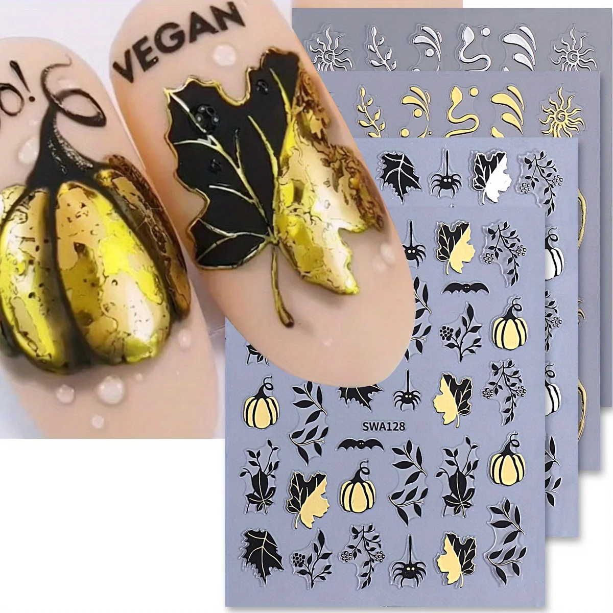 4 Stück Herbst Ahornblatt Kürbis Nagelaufkleber Metallic Gold Silber Sonnenstern Spinnennetz Design Charm Aufkleber Halloween Folien Maniküre