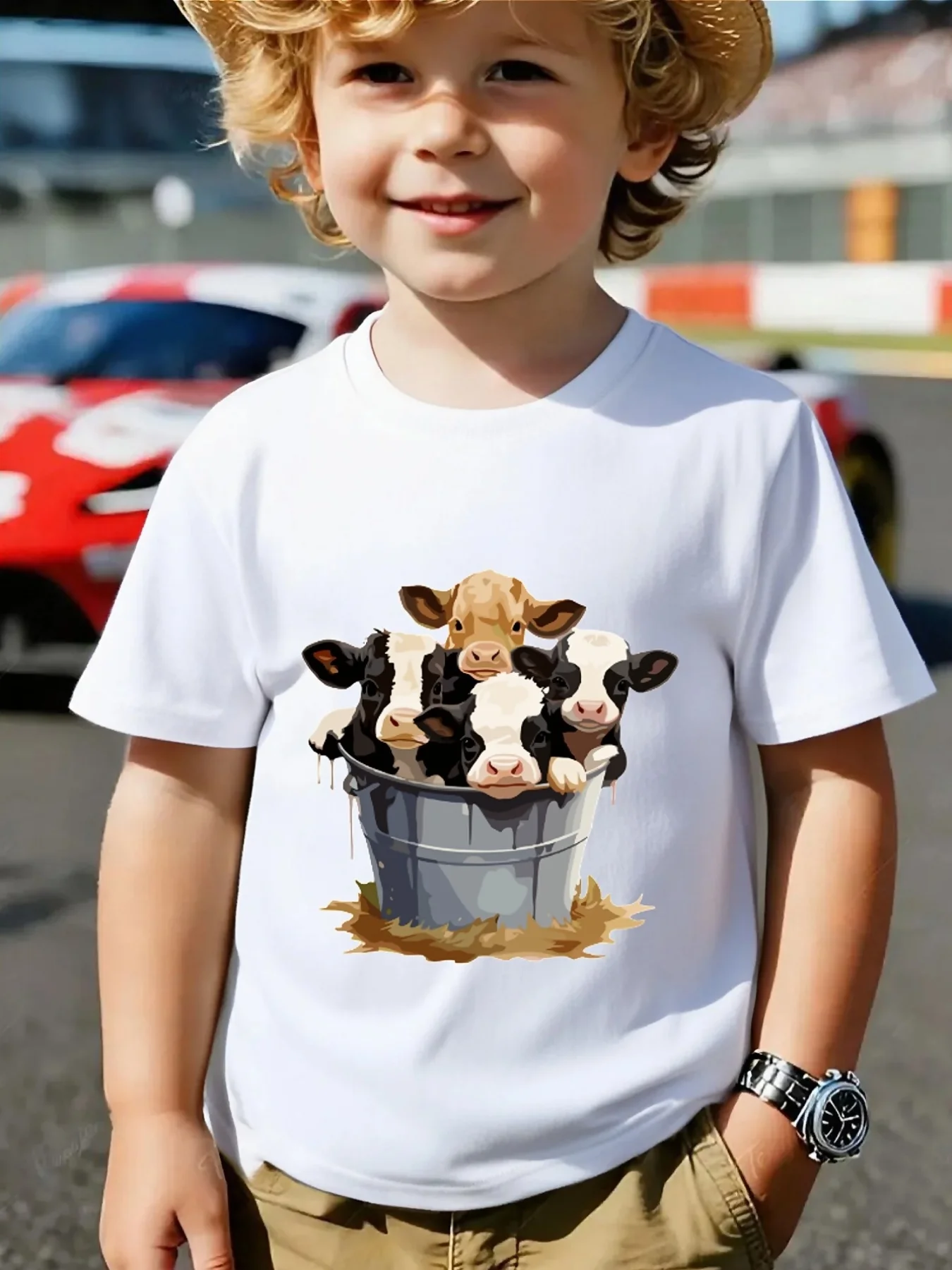 Cute Baby Cows In Metal Bucket Farm Print Family Matching T Shirt Boys Girls Short Sleeve Parent Child Soft Cotton Casual Tops