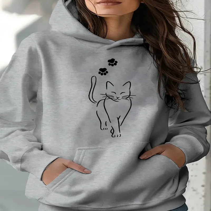 

Cat Print Hoodie Casual Long Sleeve Pullover With Kangaroo Pocket Cozy Machine Washable Top For Womens Comfortable Daily Wear