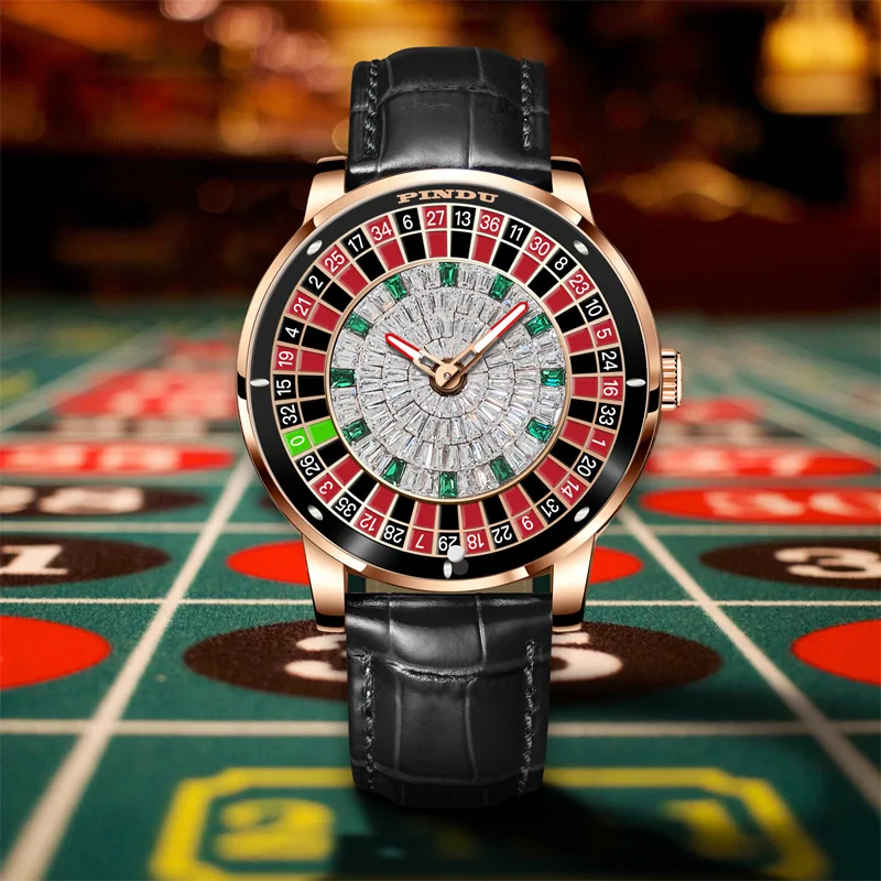 PINDU Design 2024 New Mechanical Watch Rotating Dial Las Vegas Roulette Desktop Theme Automatic Watch Men Diamond NH35A Movement