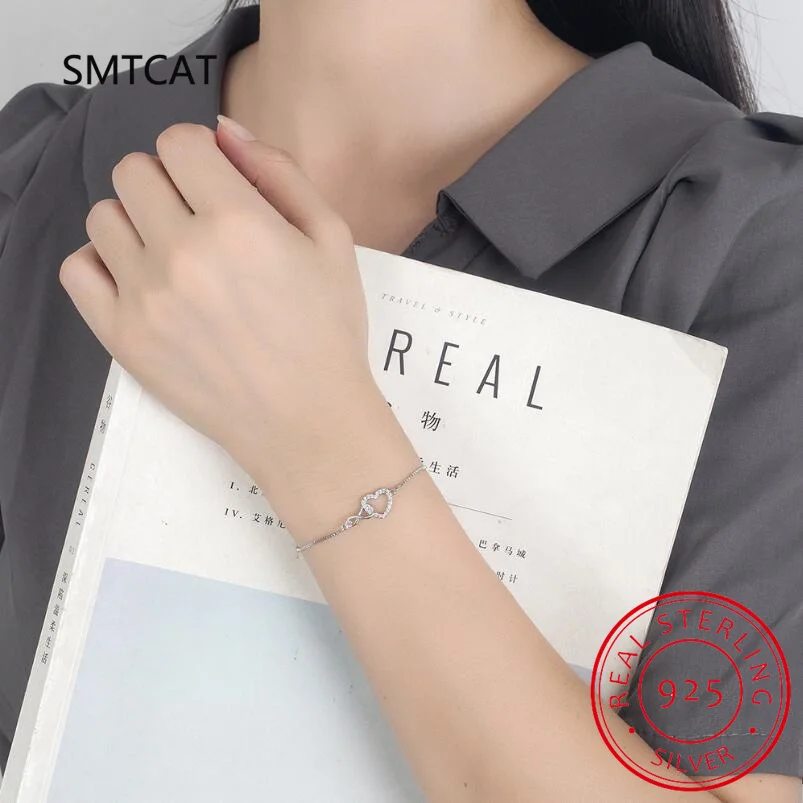 Pulseras de circón de corazón de amor infinito de Plata de Ley 925 para mujer, pulsera con símbolo infinito, accesorios de joyería fina ajustables