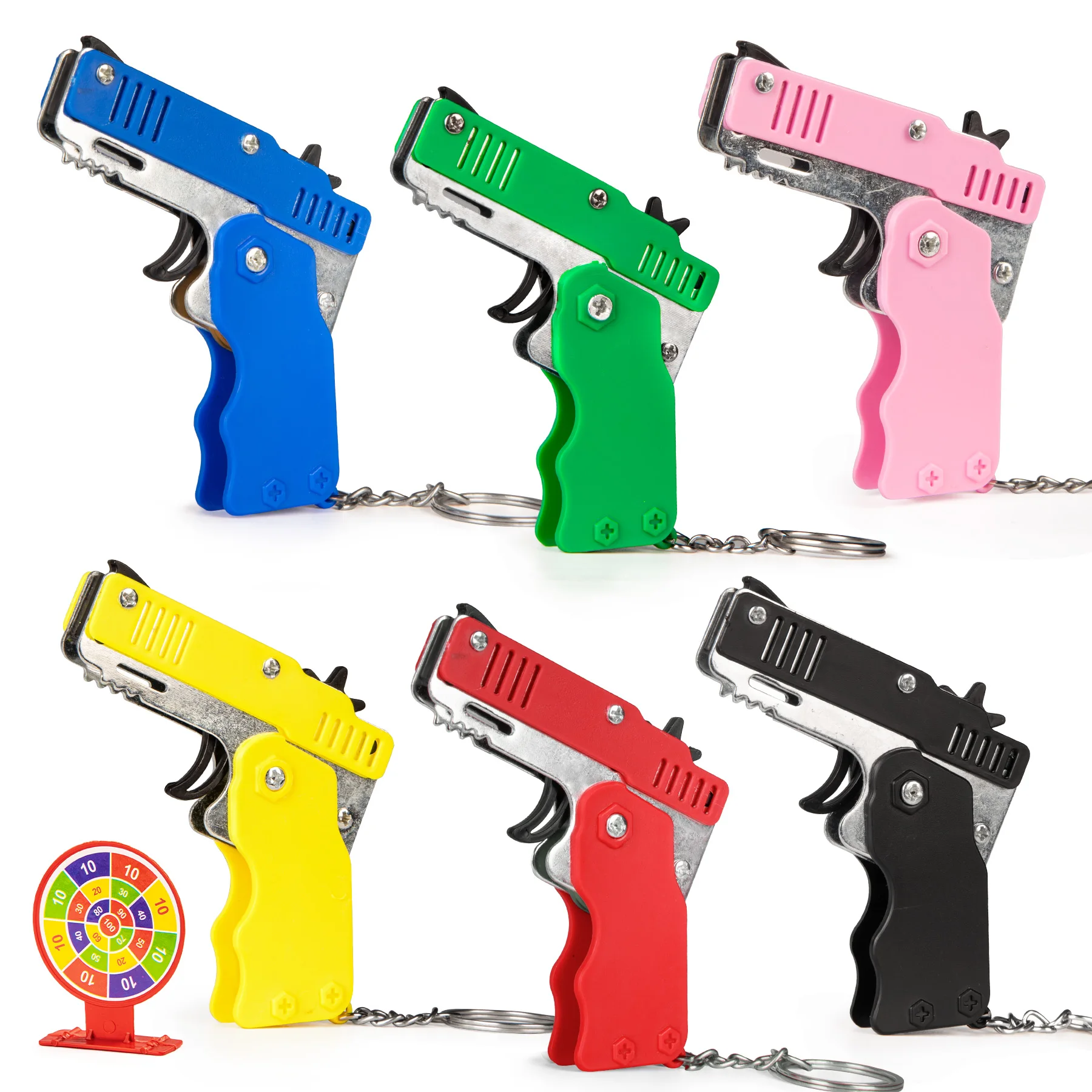 ゴムバンドガン ミニ合金 折りたたみ式 おもちゃの銃 キーホルダー クイックシュート 6ゴム おもちゃの銃 ゴムバンド付き