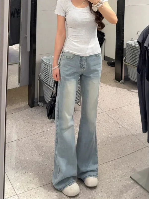 

Retro Light Wash Bell Bottom Jeans Women's Slim Fit High Waist Elastic Casual Straight Leggings Pants Vintage High Waist Jeans