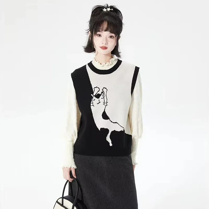 Women Cute Cat Jacquard Black White Color Block Knit Vest Loose Round Neck Sleeveless Layering Waistcoat S-XXL view 3
