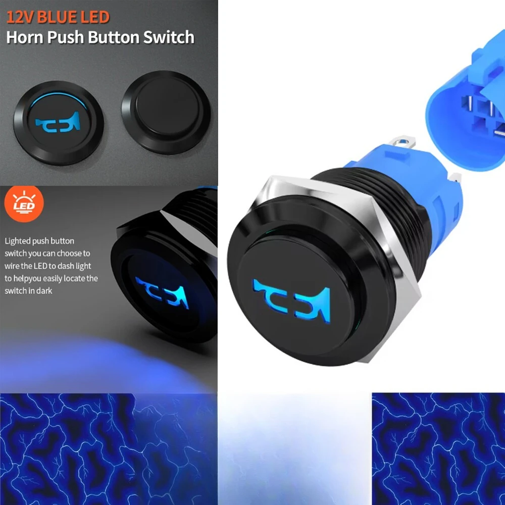 Horn Switch 12V 5A 16MM Blue LED Horn Push Button Switch for Car Boat Marine