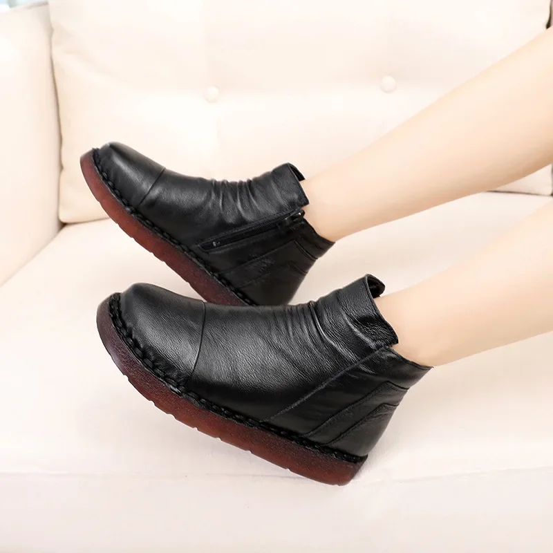 2024 Women Boots Winter Cow Leather Handmade ankle boots Flat Shoes Solid Genuine Leather Snow Boots for Women