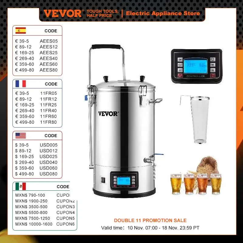 

VEVOR 35L 110/220V 304 Stainless Steel All-in-One Home Beer Brewer Electric Brewing System with Pump Brewing Beer Equipment Kit