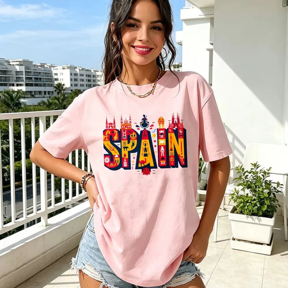 Spain Women Cotton Tshirt Landmark Culture Cartoon Fashion Travel Vacation Lounge Tees Patriotic T-shirt Cotton Short-sleeve