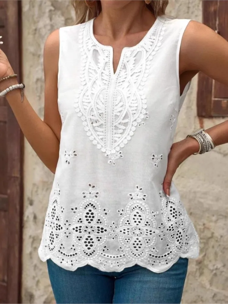 

Elegant White Lace Shirt Lady Fashion V Neck Sleeveless Hook Flower Hollow Shirts Tops Casual Office Womens Clothing Summer New