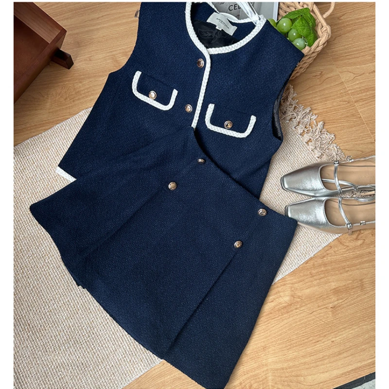 

High Quality Tweed Vest Skirt Set Suits 2024 Cropped Top Sleeveless Tweed Tank and A Line Pleated Skirt Women Chic 2 Piece Sets