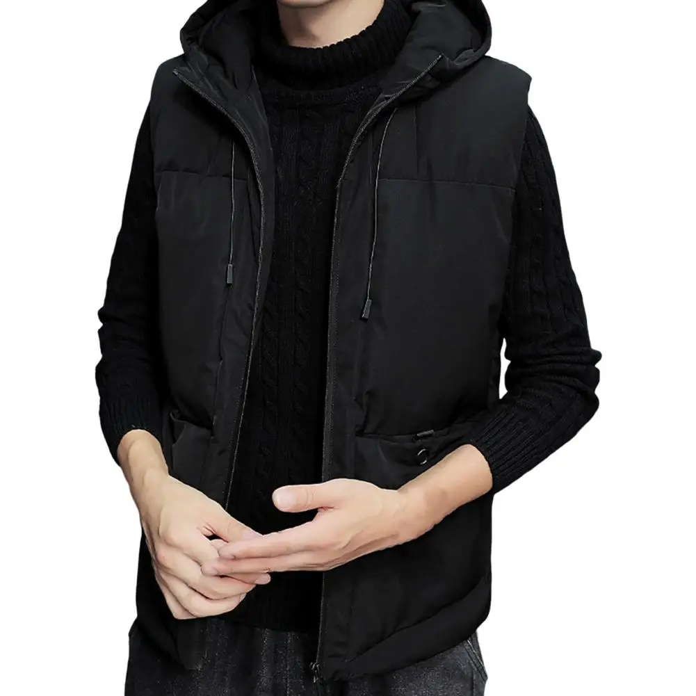 

Vest Jacket Men Drawstring Pockets Zipper Placket Slim Autumn Hooded Thickened Down Waistcoat jaqueta masculina