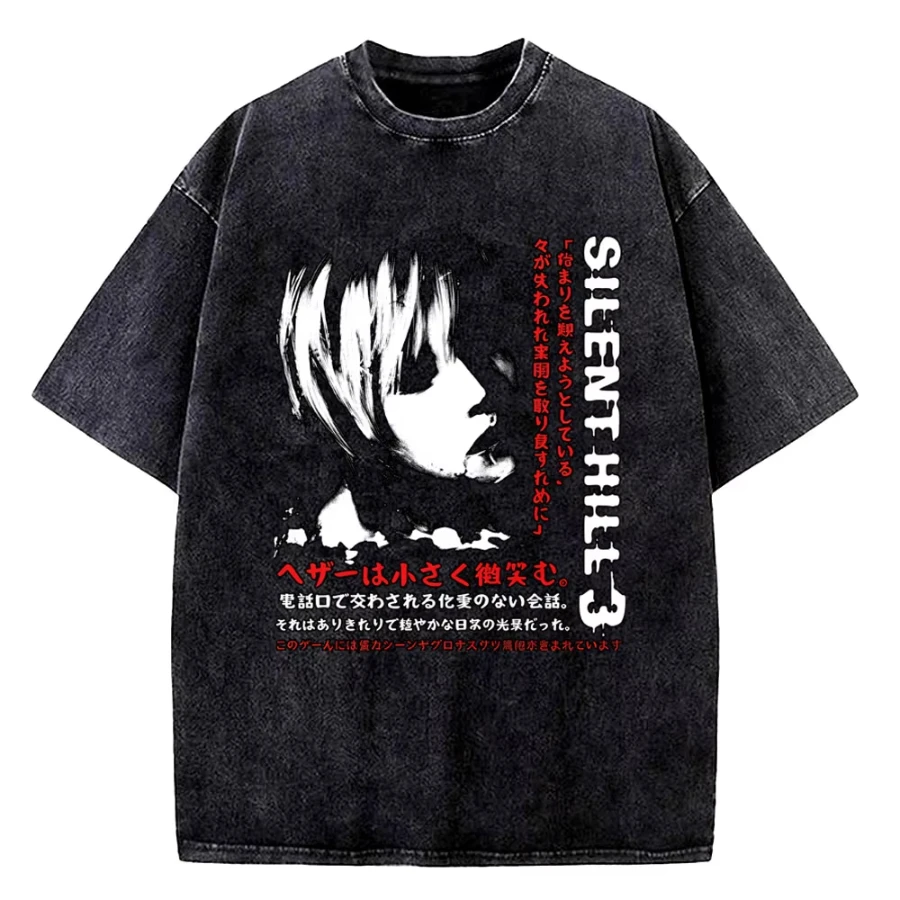 Vintage Washed T Shirts Horror Silent Hill Heavens Night Cotton T-Shirt Streetwear Short Sleeve Printed Tops Tees Men Women
