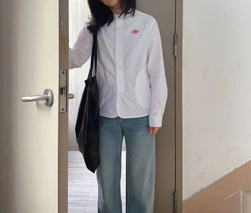 ロング Sve Ox クロス irt 女性の襟スタンド Ne 刺繍ピュアコットンストライプパターン多用途ベーシックトップ irt