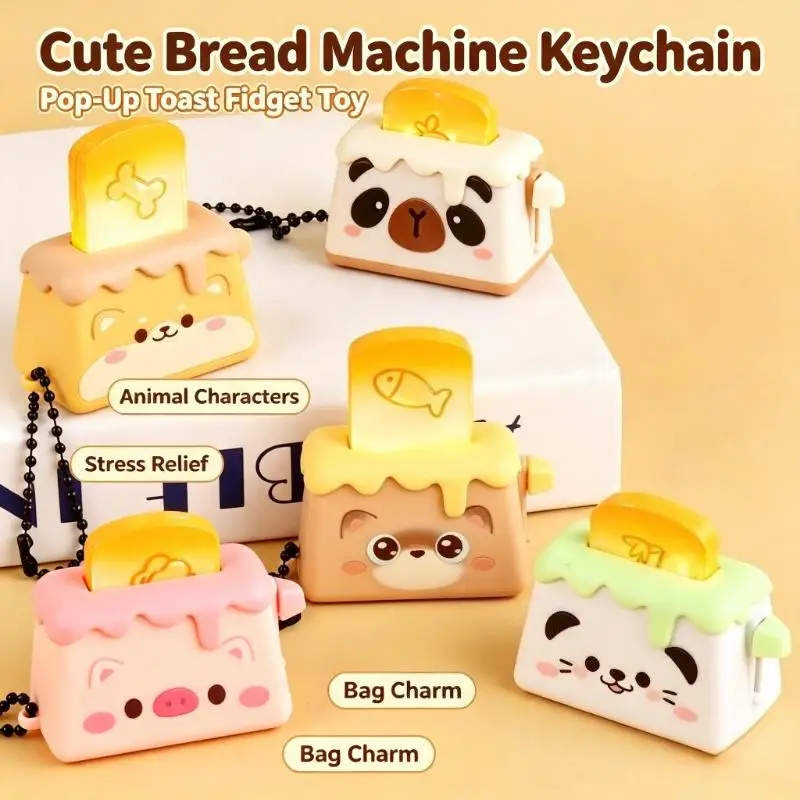 Cartoon Pop‑Up Toast Bread Machine Fidget Keychain Cute Animal Bag Pendant Creative Stress Relief Toy Gift
