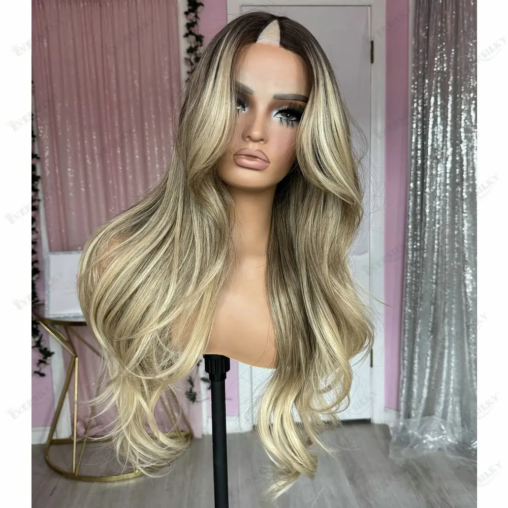 Light Ash Blonde Highligths Glueless U Part Wig Human Hair Balayage Roots Curly V Part Wig 100% Virgin Human Hair Wig for Women