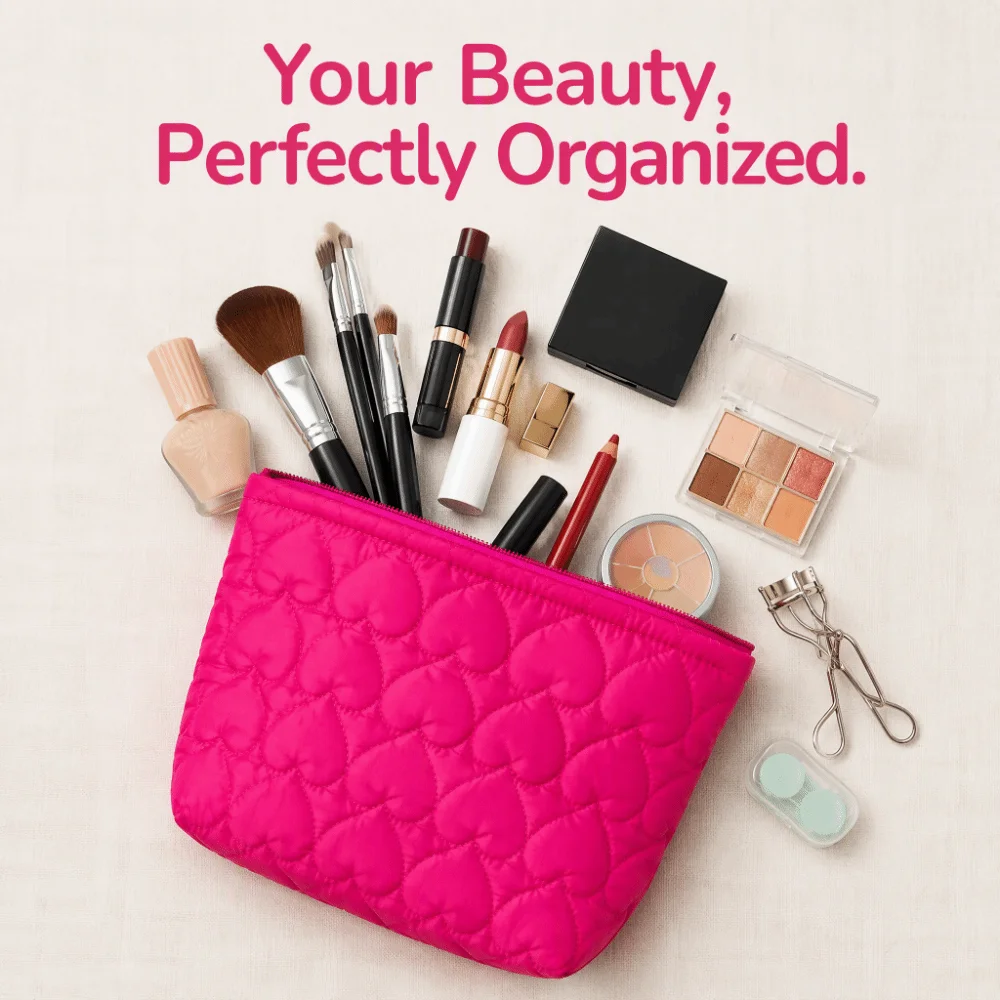 Large Capacity Travel Makeup Organizer Bag Heart Soft Padded Quilted Cosmetic Pouch Zipper Lightweight Makeup Toiletry Bag