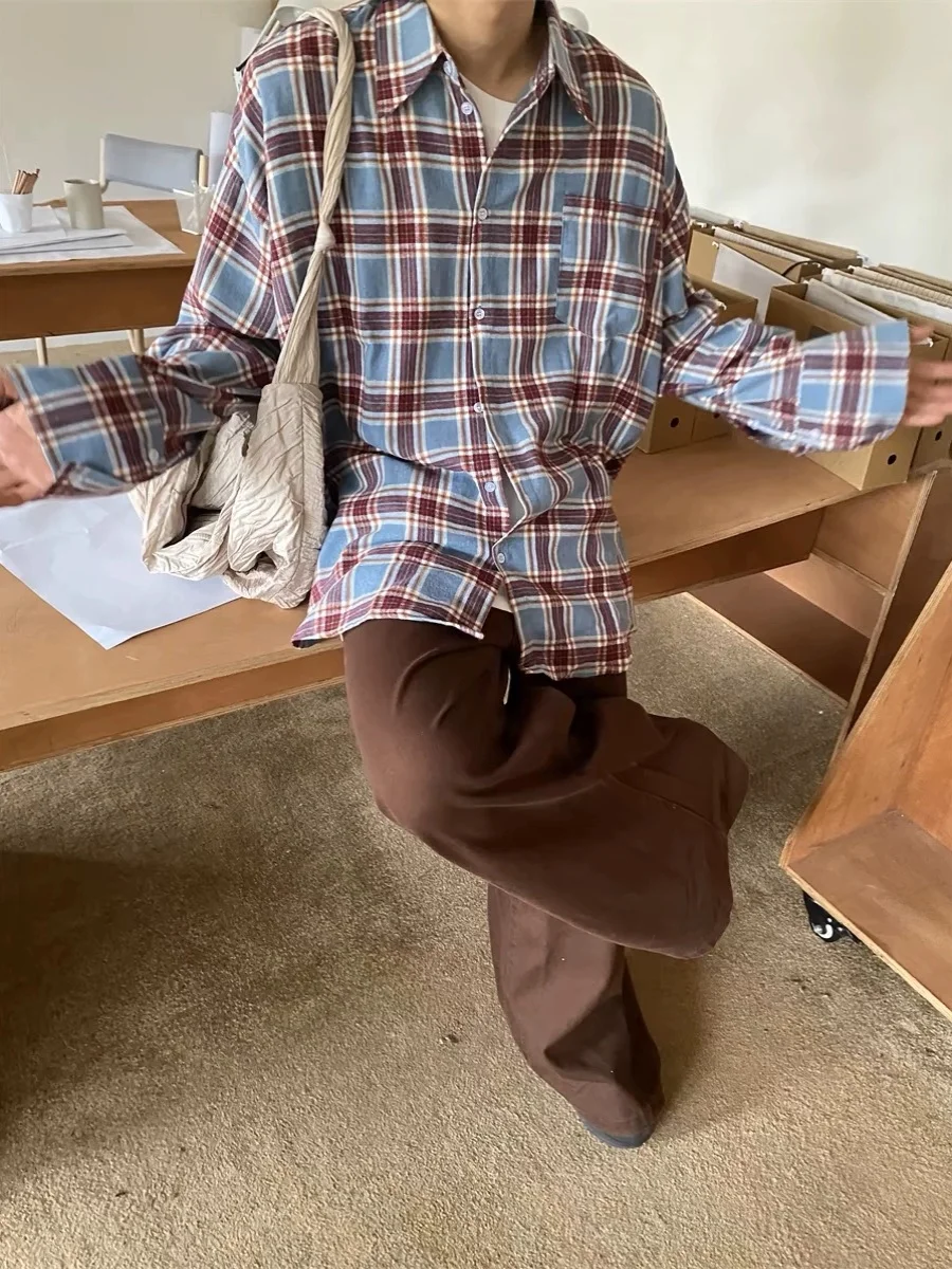 

Autumnal Vintage Brued Plaid Long Sve irt American Retro Loose Casual Versatile Men's Trendy Outerwear Spring 2024