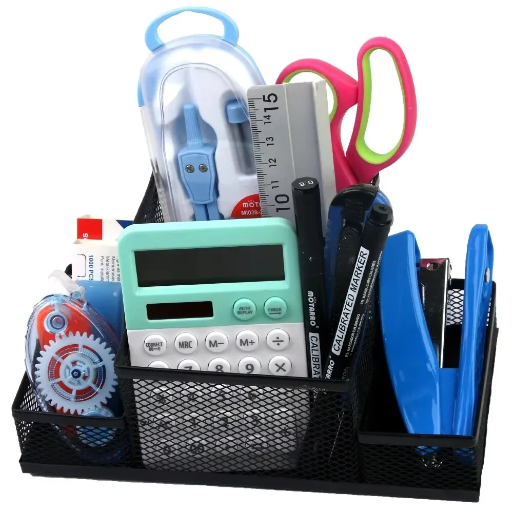 School Supplies Metal Pen Holder 3/4 Grid Large Capacity Pencil Storage Box Mesh Design Black Desk Stationery Organizer Student