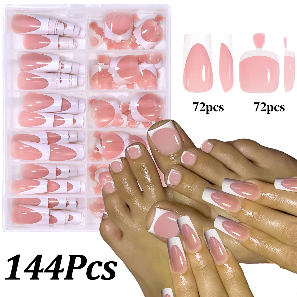 

144pcs White French Hand & Foot Press On Nail Tips Summer Short Square False Toenail Nude Pink French Finger Fake Nail Toenails