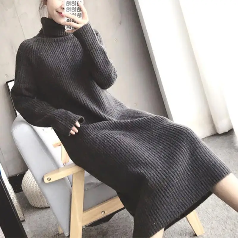 Turtleneck Loose Knitted Sweater Dress Korean Knitwear Long Dresses Thick Elegant Casual Vestidos Women Fall Winter New Robe