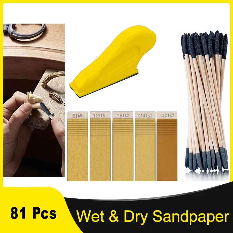 

Мини-микрошлифовальный блок с 50 наждачной бумагой 3,5 x 1 дюйм, шлифовальный набор с зернистостью 80–400, 81 шт. с 30 шт. шлифовальными палочками для поделок своими руками