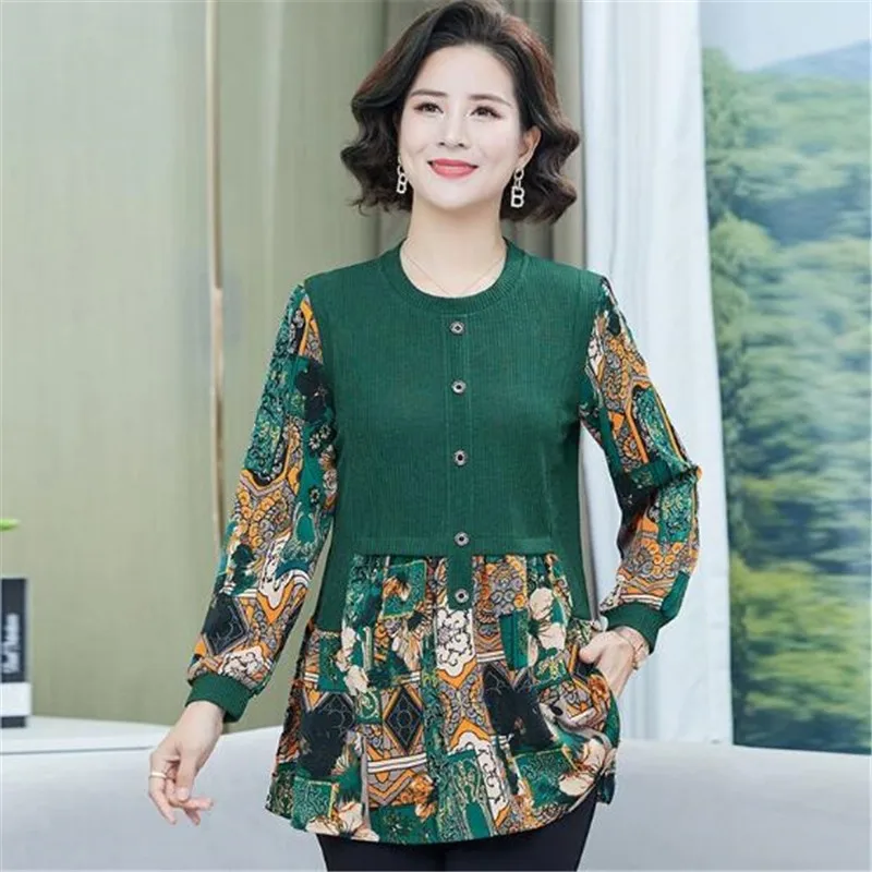 Women Spring Summer Blouses Printed patchwork Shirts Lady Fashion Casual long Sleeve O-Neck Colla Printing Plus size Blusas Tops