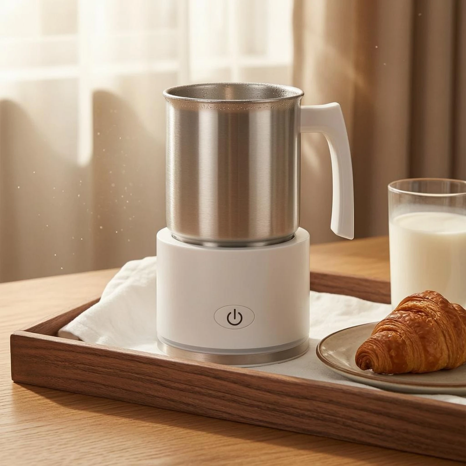 Electric Milk Frother Stainless Steel Automatic Milk Frother Kitchen Appliance Compact Power Button