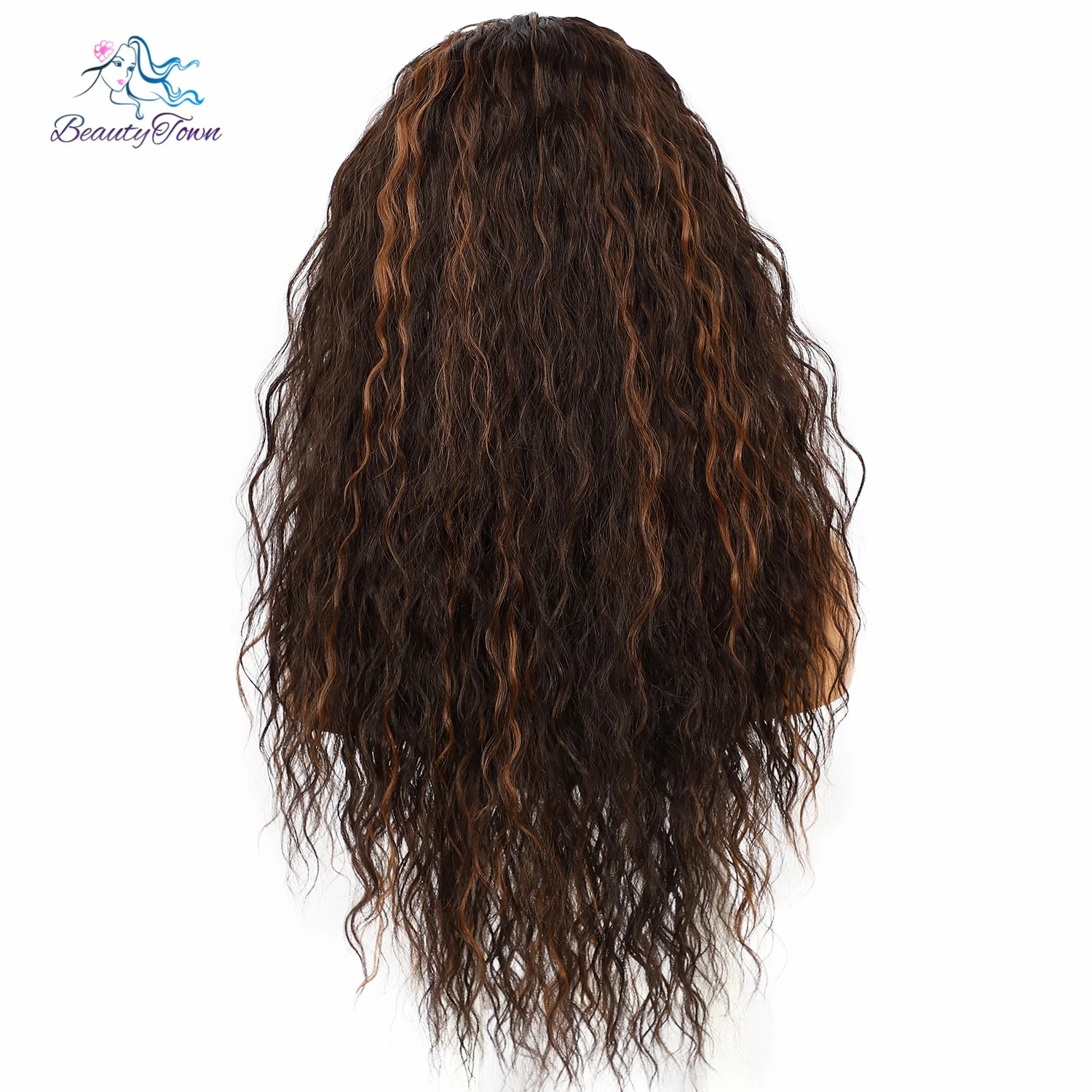 BeautyTown Long Kinky Curly JBrown Headband Full Machine Wig Daily Wedding Party Highlight Wig Ombre Blonde Synthetic Hair Wig