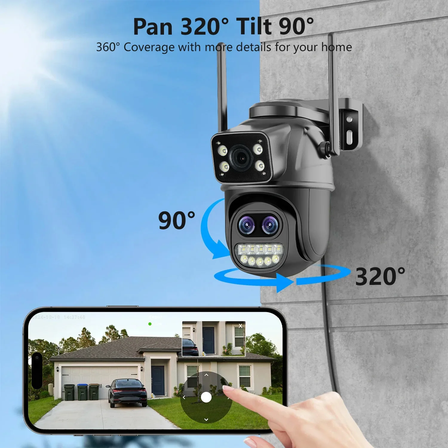 Cámara de Seguridad WiFi PEGATISAN 15MP PTZ para Exteriores con Pantalla Dual, Zoom 10X, Detección Humana, Cámara de Vigilancia de Video 10MP O-Kam Pro