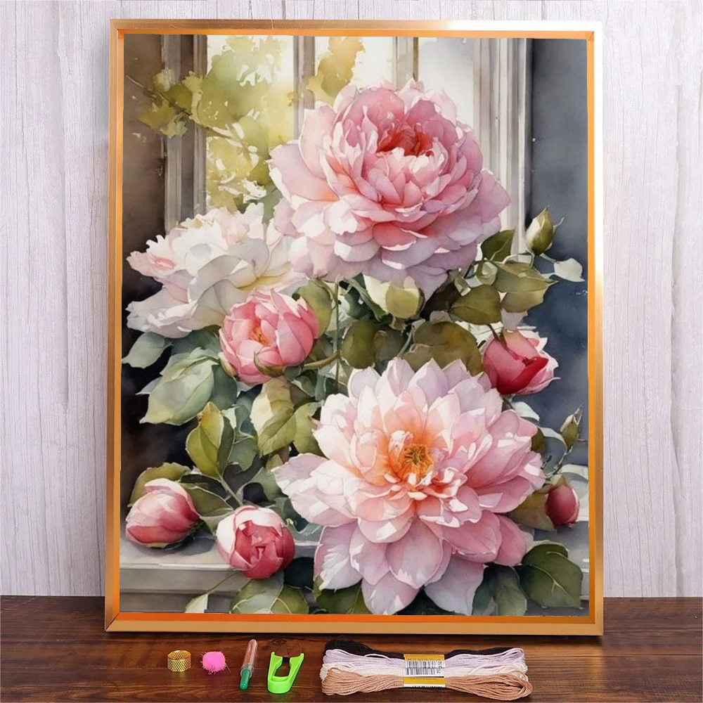 Peony Flowers Stamped Cross Stitch Kits Printed Fabric Needlework Canvas Embroidery Sets 11CT DIY Crafts Home Decor Paintings